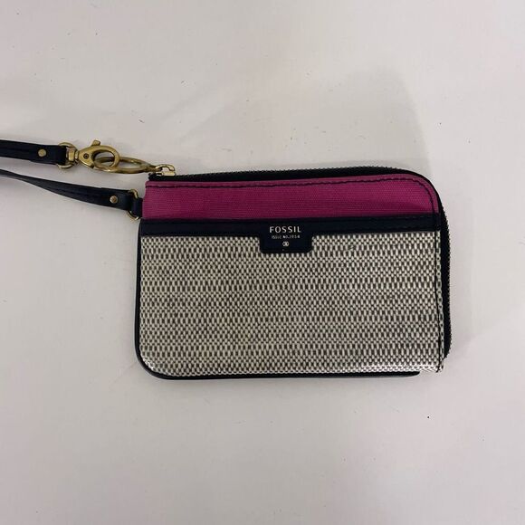 Fossil Black & White Woven Patterned with Pink Small Wristlet Wallet - Picture 1 of 3